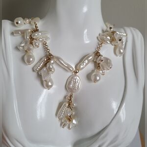 ZARA Boho Luxury Gold Tone Drop Dangle Baroque Pearl Cluster Y Drop Necklace